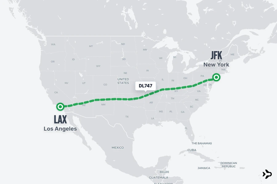 DL747 flight map from JFK to LAX