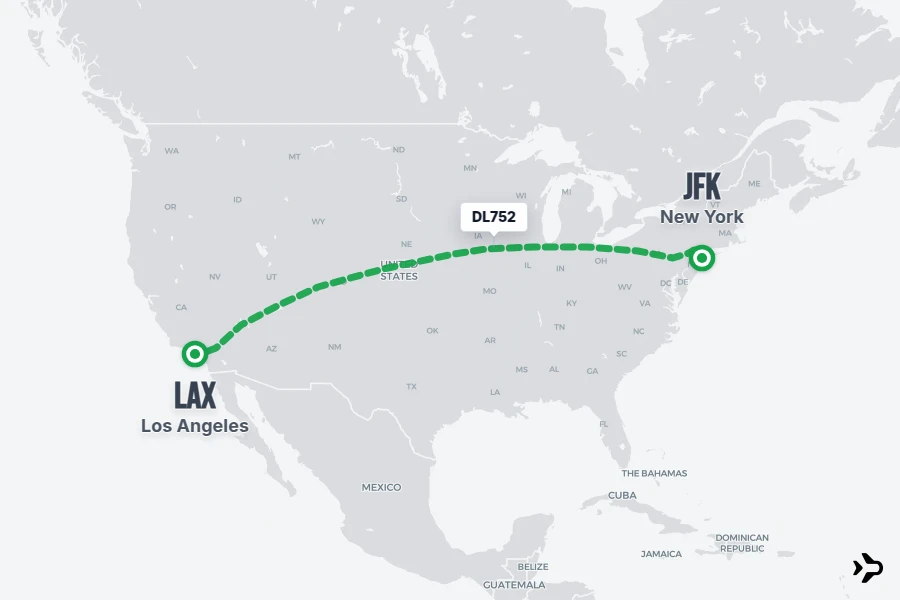 DL752 flight map from JFK to LAX