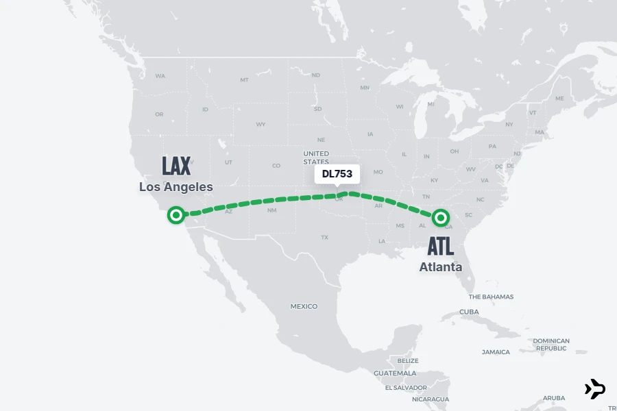 DL753 flight map from ATL to LAX