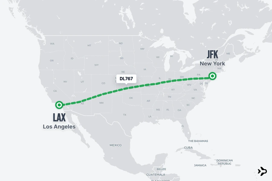 DL767 flight map from JFK to LAX