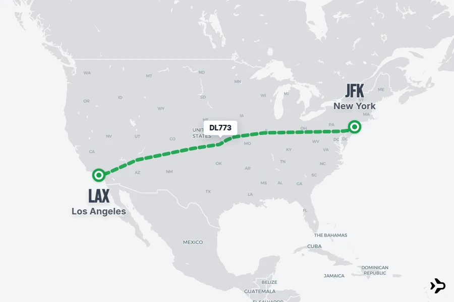 DL773 flight map from JFK to LAX