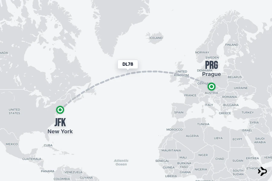 DL78 flight map from JFK to PRG