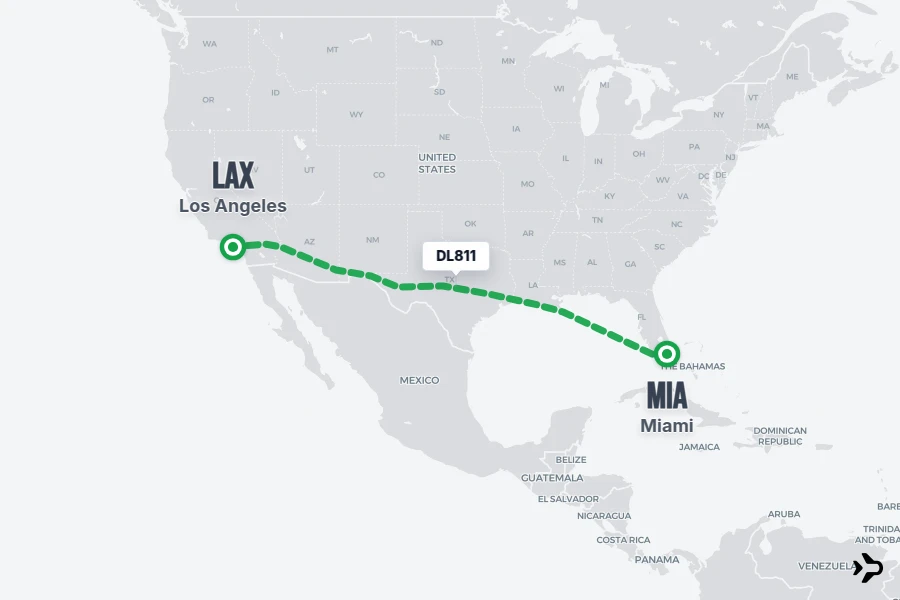 DL811 flight map from MIA to LAX