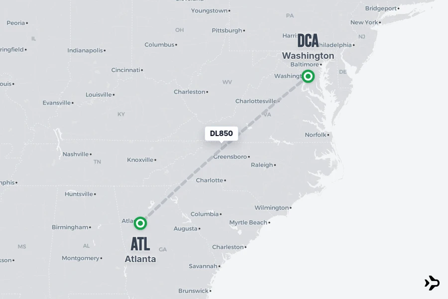 DL850 flight map from DCA to ATL