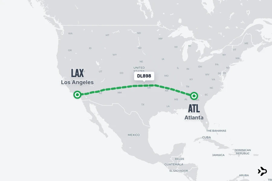 DL898 flight map from ATL to LAX