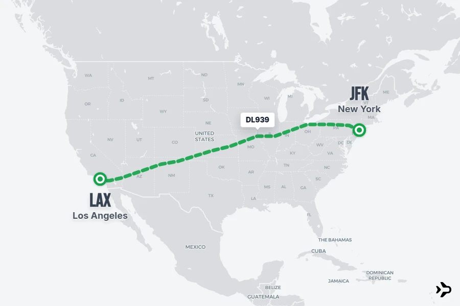 DL939 flight map from LAX to JFK