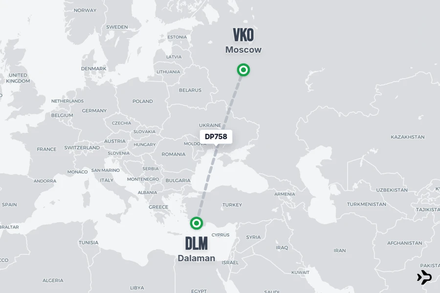 DP758 flight map from DLM to VKO