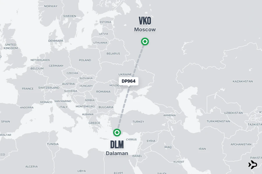 DP964 flight map from DLM to VKO