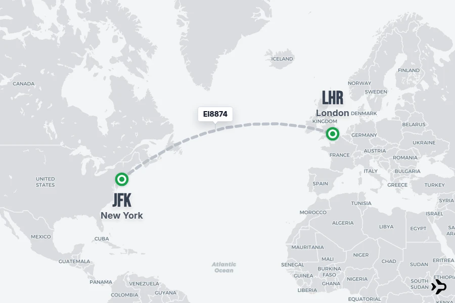 EI8874 flight map from JFK to LHR