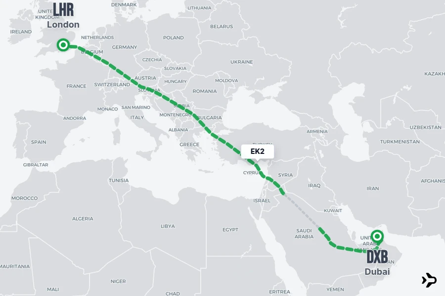 EK2 flight map from LHR to DXB