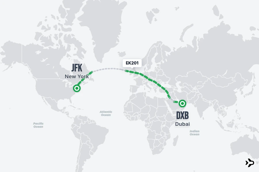 EK201 flight map from DXB to JFK