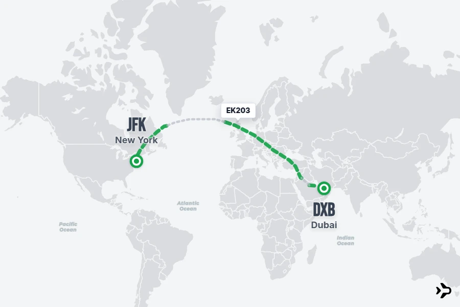 EK203 flight map from DXB to JFK