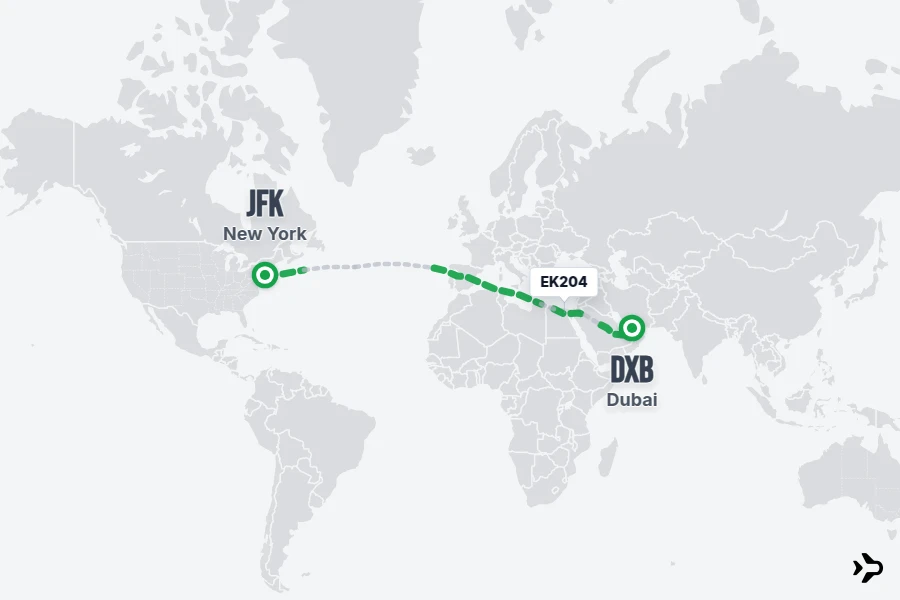 EK204 flight map from JFK to DXB