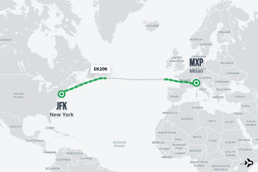 EK206 flight map from JFK to MXP