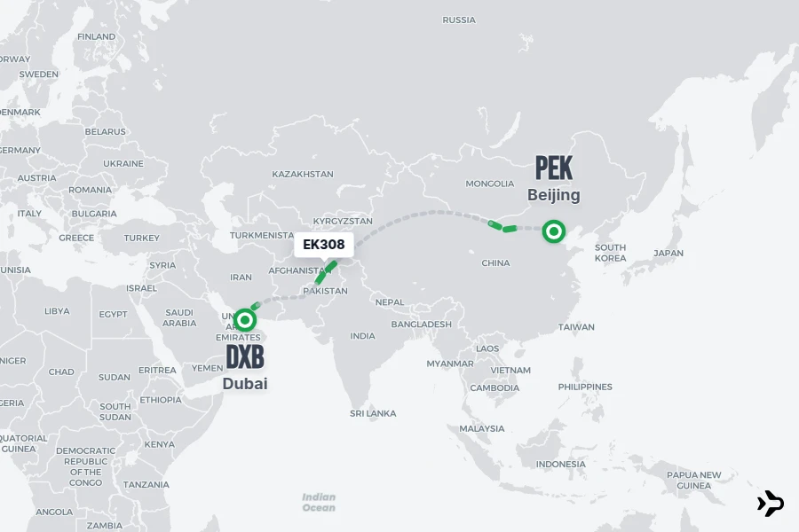 EK308 flight map from DXB to PEK
