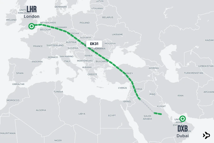 EK31 flight map from DXB to LHR