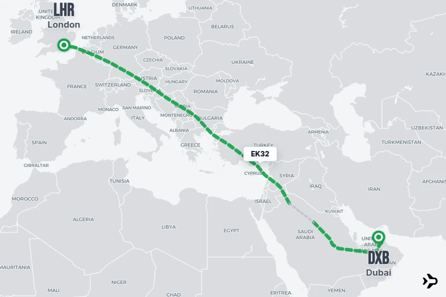 EK32 flight map from LHR to DXB