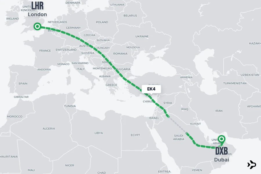 EK4 flight map from LHR to DXB