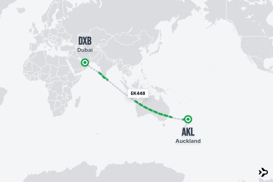 EK448 flight map from DXB to AKL