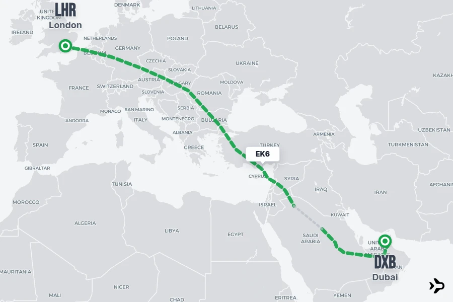 EK6 flight map from LHR to DXB