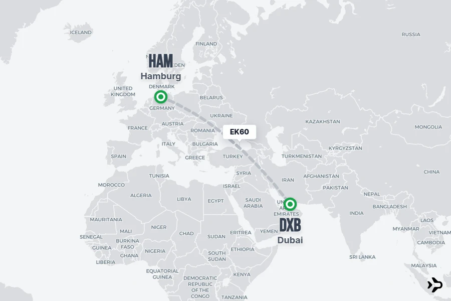 EK60 flight map from HAM to DXB
