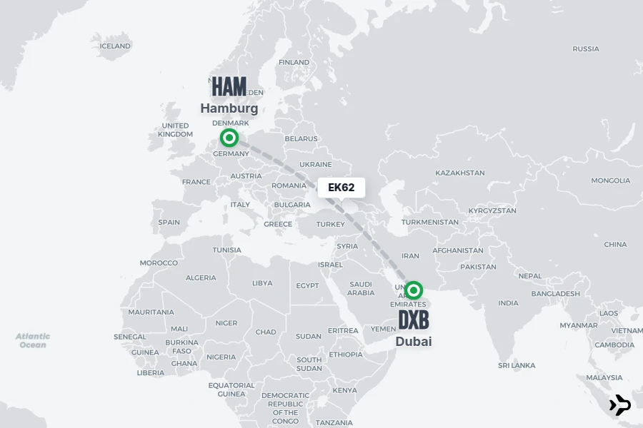 EK62 flight map from HAM to DXB