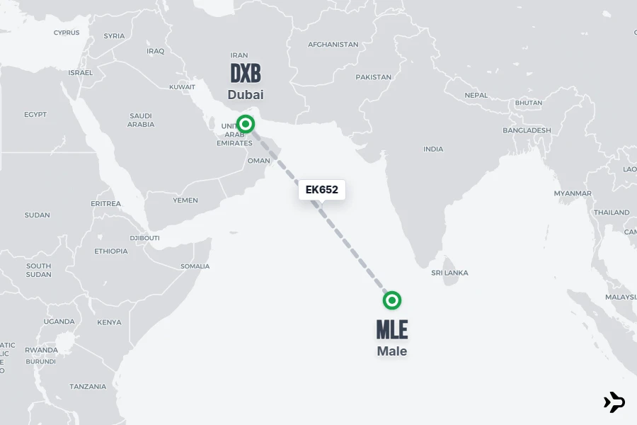 EK652 flight map from DXB to MLE
