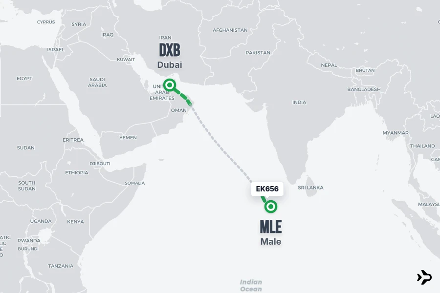 EK656 flight map from DXB to MLE