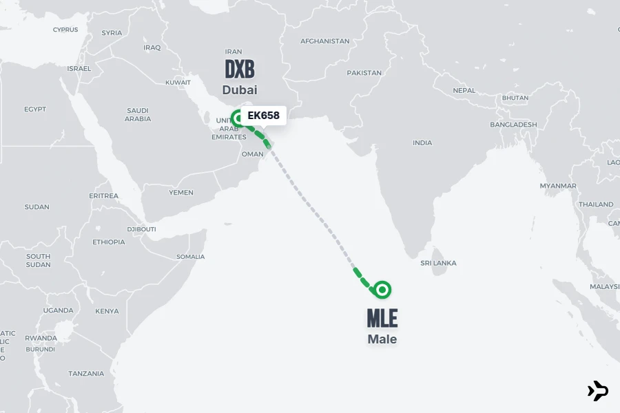 EK658 flight map from DXB to MLE