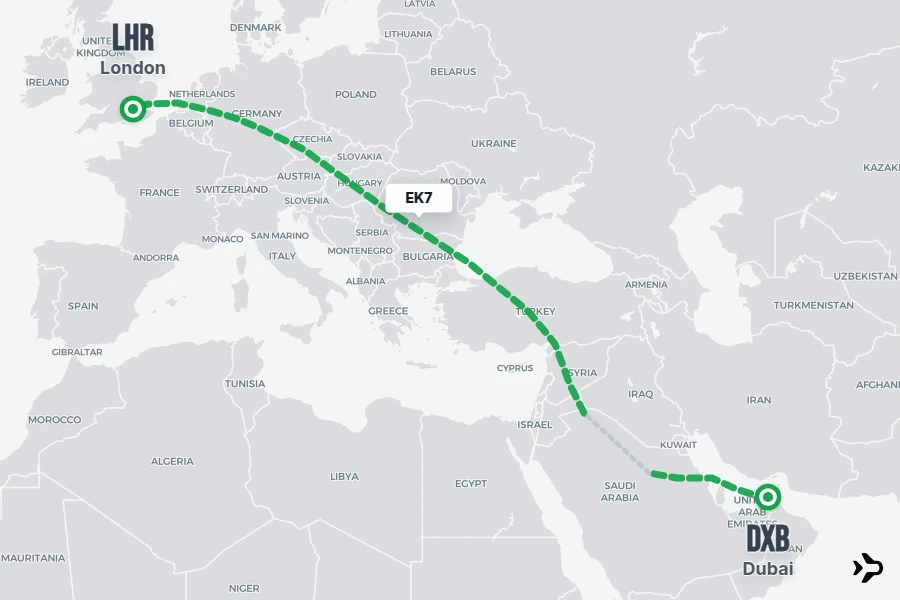 EK7 flight map from DXB to LHR