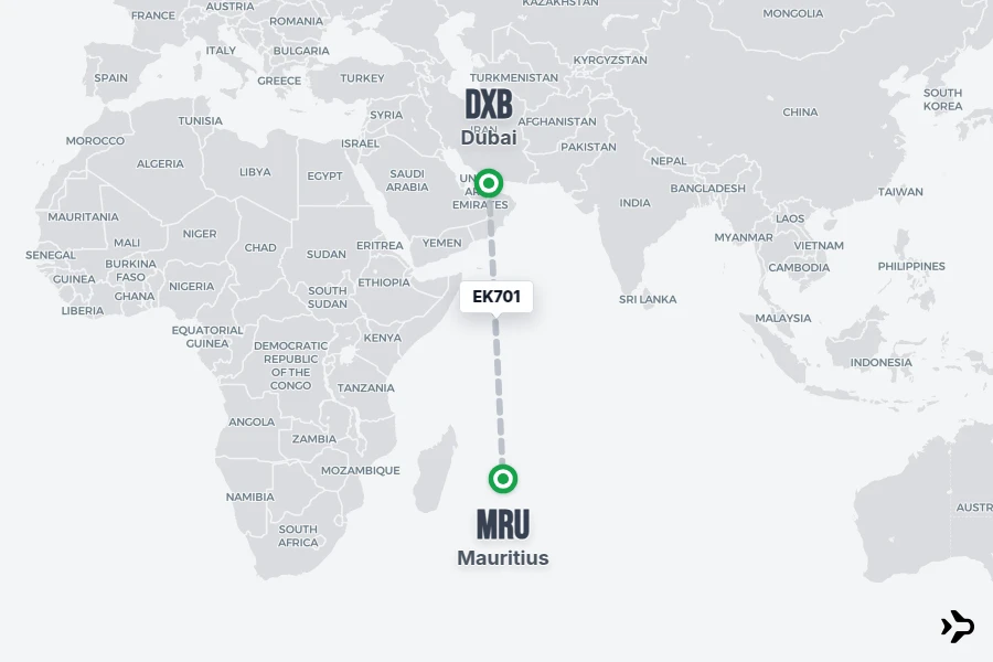 EK701 flight map from DXB to MRU