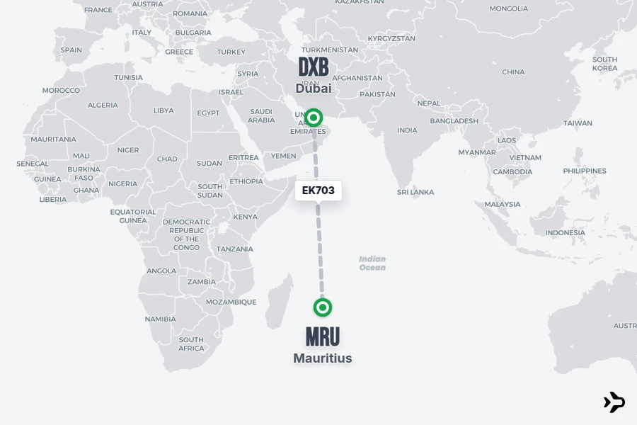 EK703 flight map from DXB to MRU