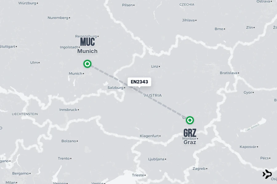 EN2343 flight map from GRZ to MUC