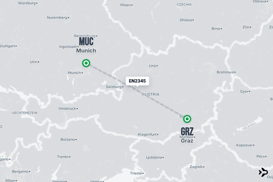 EN2345 flight map from GRZ to MUC