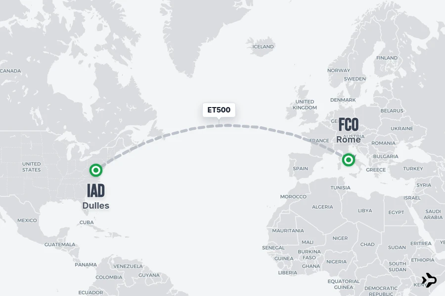 ET500 flight map from FCO to IAD