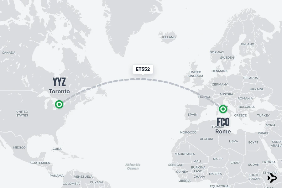 ET552 flight map from FCO to YYZ