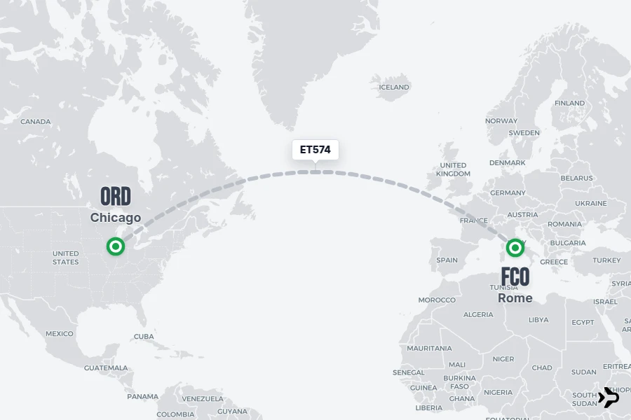 ET574 flight map from FCO to ORD