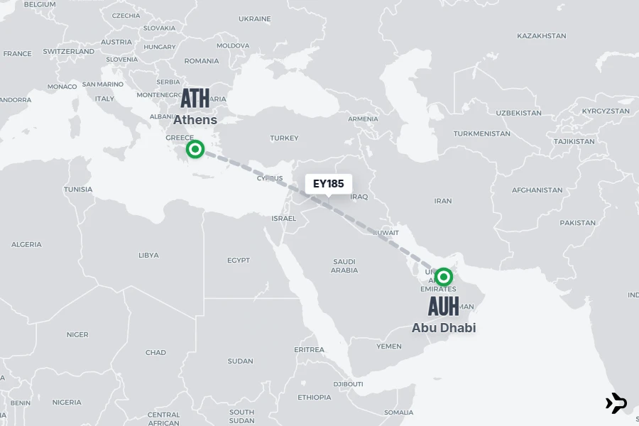 EY185 flight map from ATH to AUH