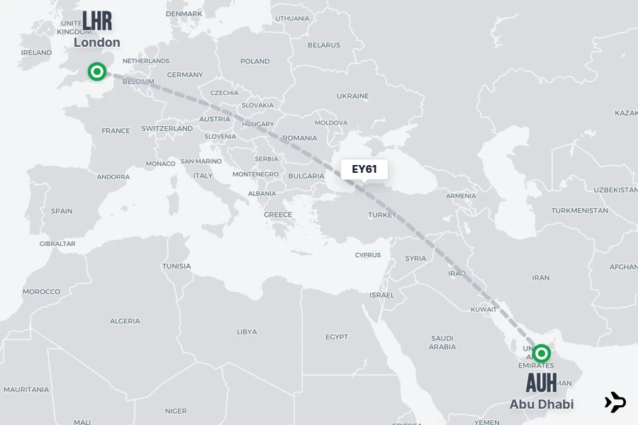 EY61 flight map from AUH to LHR