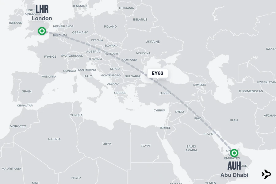EY63 flight map from AUH to LHR