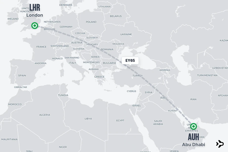 EY65 flight map from AUH to LHR