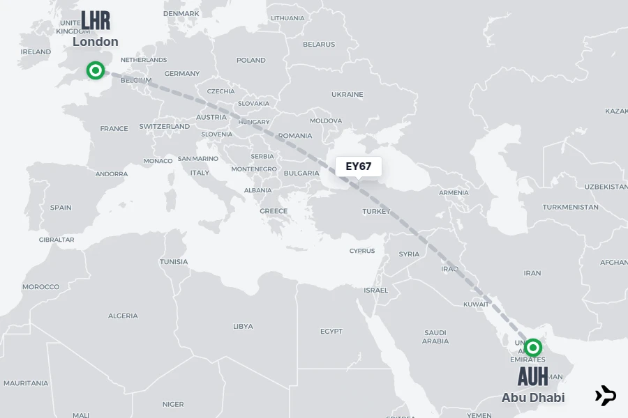 EY67 flight map from AUH to LHR
