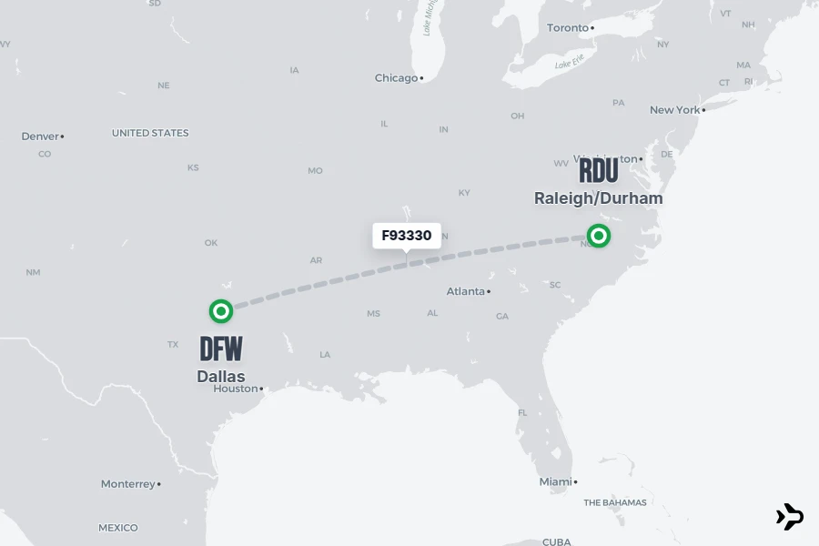 F93330 flight map from DFW to RDU