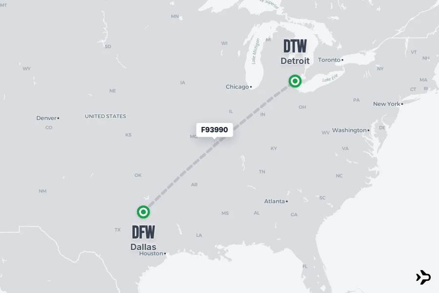 F93990 flight map from DFW to DTW