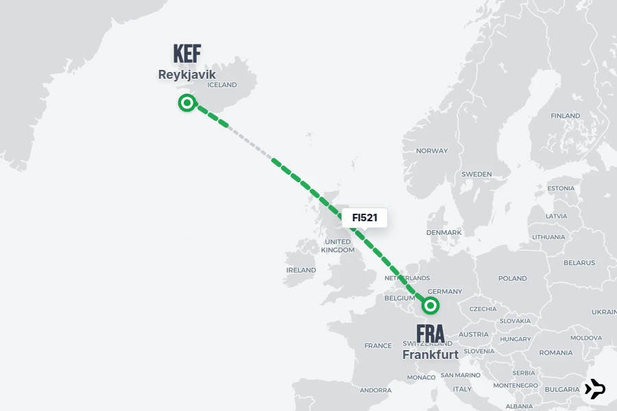 FI521 flight map from FRA to KEF