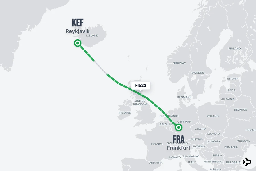 FI523 flight map from FRA to KEF