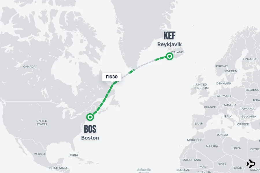 FI630 flight map from BOS to KEF