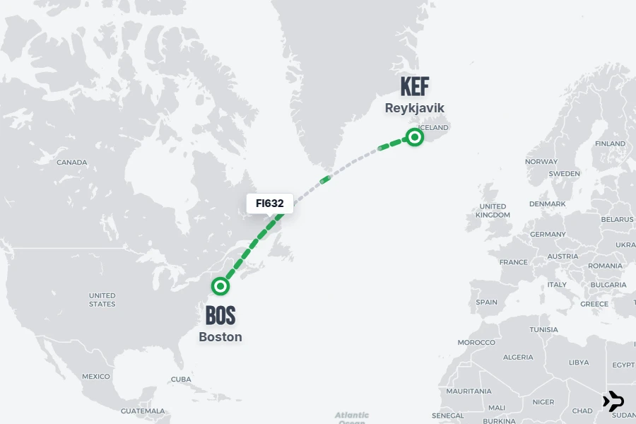 FI632 flight map from BOS to KEF