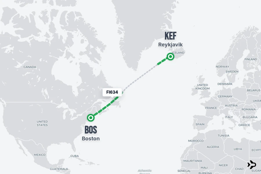 FI634 flight map from BOS to KEF
