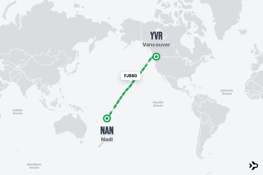FJ880 flight map from NAN to YVR